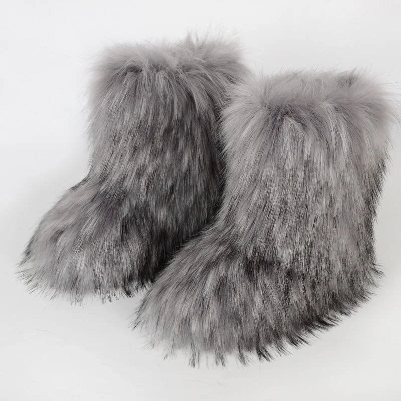 Women Faux Fur Boots Winter Fluffy Plush Warm Mid Calf Snow Boots Luxury Fashion Furry Boots Comfortable Outdoor Flat Shoes