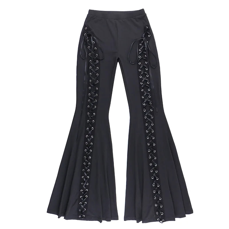 Dark Black Sexy Punk Flared Pants Long Trouser Women Lace Up Front Hollow Cut Out Bell Bottom Tied Up High Waist Streetwear
