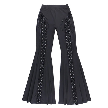 Dark Black Sexy Punk Flared Pants Long Trouser Women Lace Up Front Hollow Cut Out Bell Bottom Tied Up High Waist Streetwear