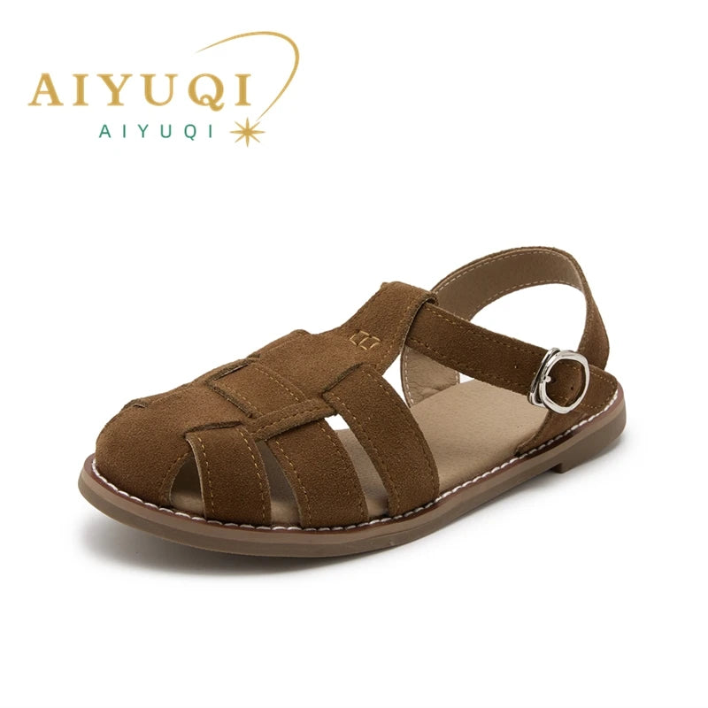 AIYUQI Flat-soled Retro Genuine Leather Hollow Baotou Sandals Women's 2025 New Hollow Pig Cage Women's Sandals