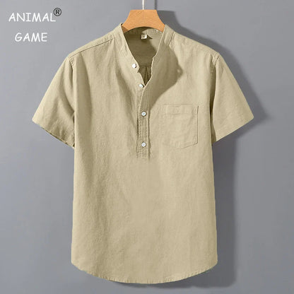 Summer Stand Up Collar T Shirts Solid Color Short Sleeve Cotton Shirt Trendy Breathable Loose Youth Basic Pocket Top