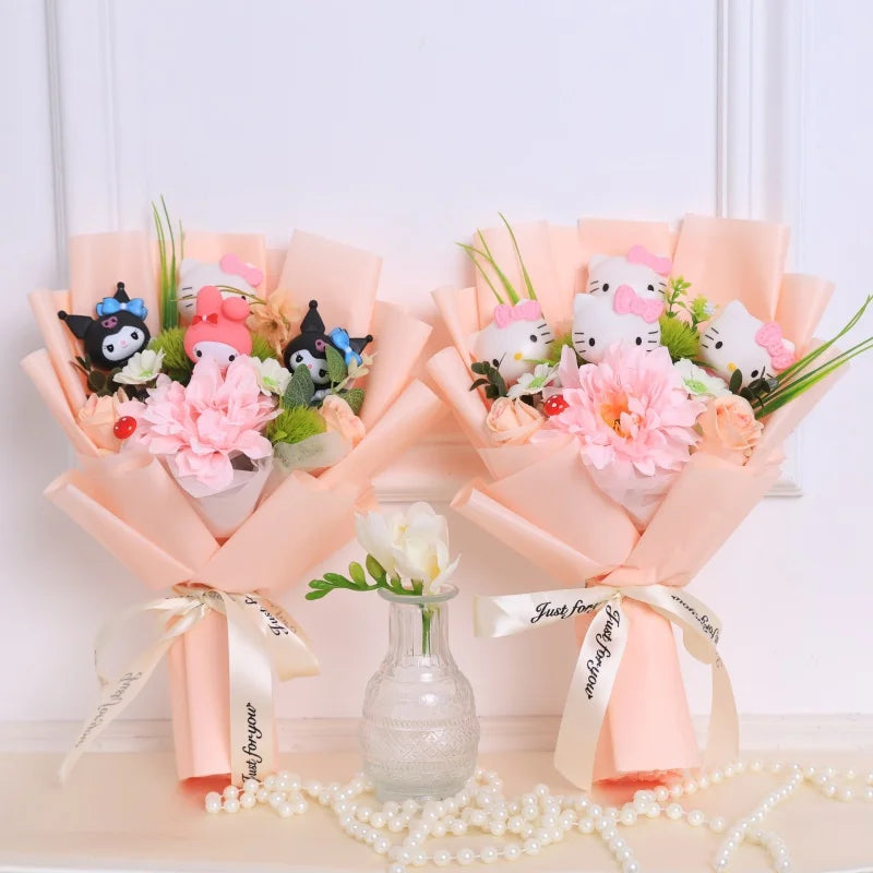 Kawaii Hello Kitty Cat Dolls With Artificial Flowers Creative Bouquet Christmas Valentine Birthday Graduation Gifts