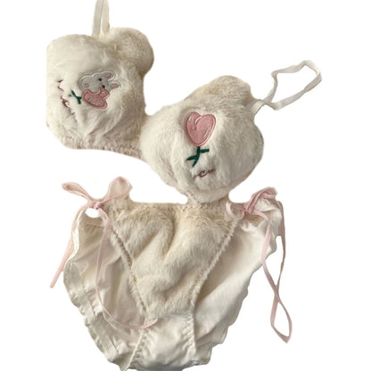 Women's Cartoon Panda Pattern Winter Lingerie Furry Plush Bra and Panty Set School Girl Japanese Anime Cosplay Underwear