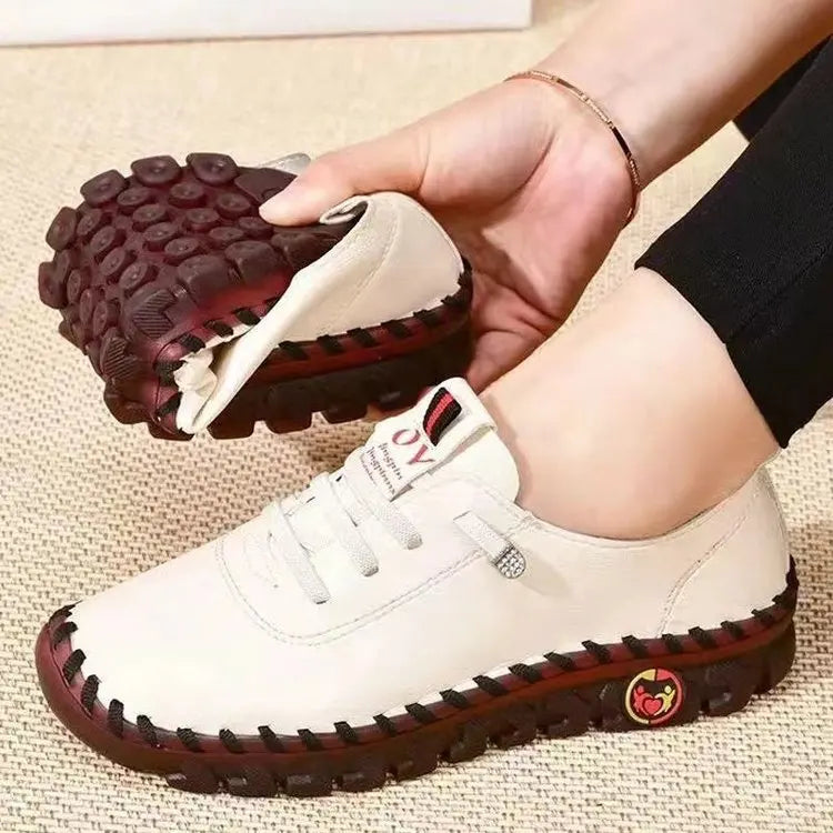 2025 Spring and Autumn Hand-stitched Single Shoes Large Size Women's Shoes Middle-aged Mom Shoes White Shoes Flat Casual Shoes