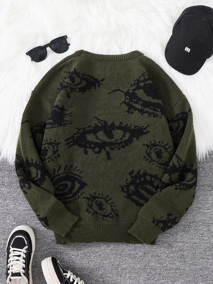 New Popular Autumn and Winter Abstract Eye Jacquard Pattern Pullover Sweater Casual Round Neck Knitted Men's Pullover