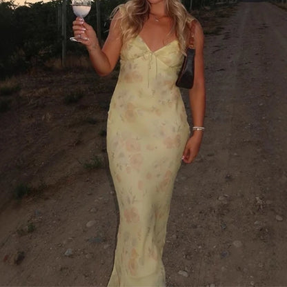 Summer Flower Printed Women's Sexy Low-cut Dress Sleeveless Backless Slim Sling Dresses 2025 Beach Vacation Lady Vestidos