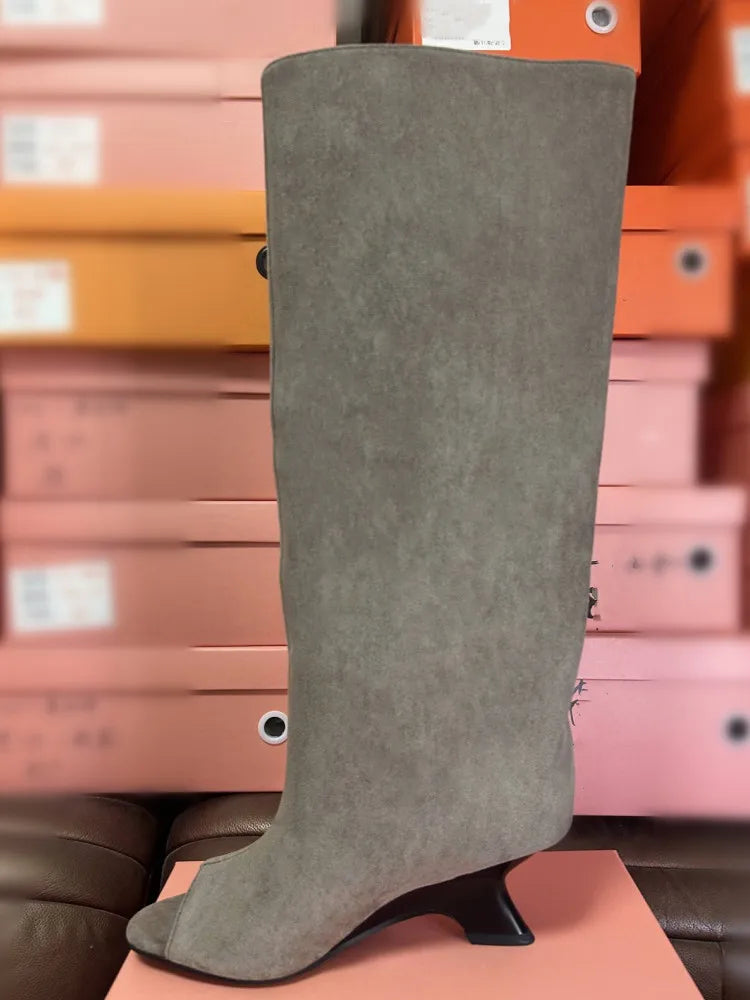 Four Seasons Spring/Summer New Women's Thick High Heels Knee Boots Fashion Show Fish Mouth High Heels Boots Women's Tall Boots