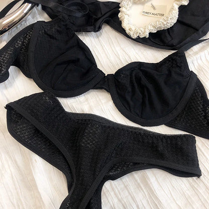 Summer 6 Color Women Underwear Sexy French Bralette Push Up Bra Set Ultra Thin Thread Fabric Breathable Lingerie With Thong Sets