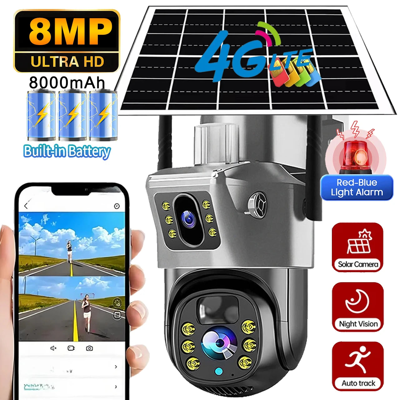 V380 Pro WiFi Solar Camera 4G Dual Lenses Outdoor 8MP Low Power Battery IP Camera PIR Night Vision 4K CCTV Security Protection
