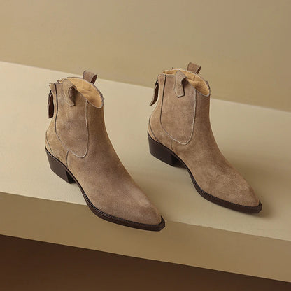 Cow Suede Women Western Boots Black Brown Khaki Mid Block Heels Back Zipper Pointed Toe Retro Ladies Autumn Winter Ankle Boots