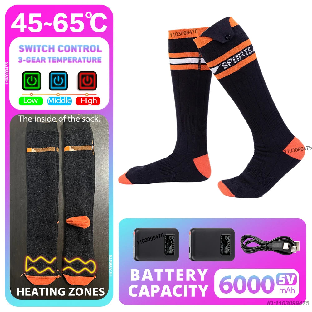 New Heated Socks Rechargeable 6000mah Electric Heated Skiing Socks Snowboarding Outdoor Sports Foot Warmer Winter Thermal Socks