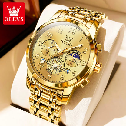 OLEVS New Flywheel Design Luxury Couple Watch Waterproof Moon Phase Chronograph Brand Original Quartz Wrist Watch for Men Women