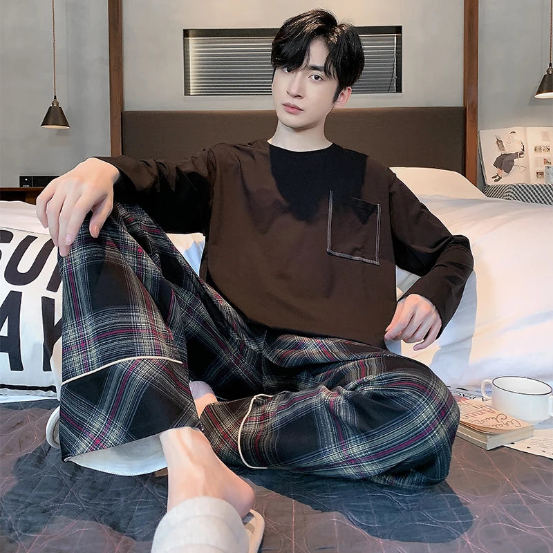 Spring Autumn Plus 4XL Knitted Men's Sleepwear Letter Lattice Pajamas Plaid Pajamas Sets Casual Loungewear Pyjamas Night Fashion