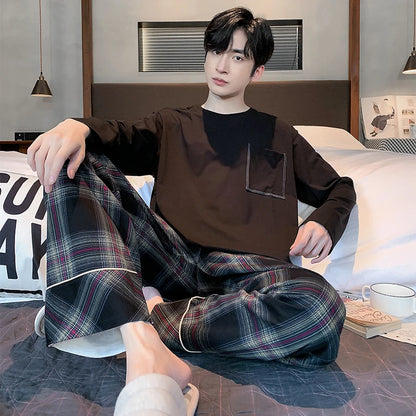 Spring Autumn Plus 4XL Knitted Men's Sleepwear Letter Lattice Pajamas Plaid Pajamas Sets Casual Loungewear Pyjamas Night Fashion