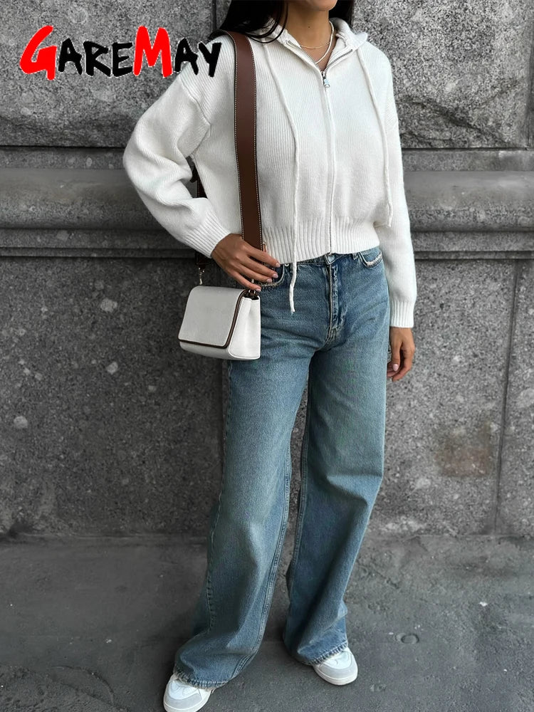 Autumn Knitted Women's Short Cardigan with Zipper Gray Winter Sweater Casual Cute Vintage White Cardigan for Women with Hood