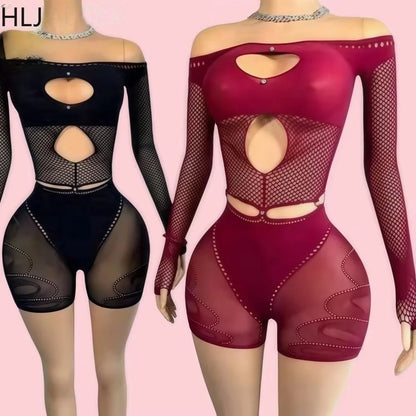HLJ Sexy Hollow Out Rompers Women Off Shoulder See Through Long Sleeve Bodycon Playsuits Jumpsuits Female Party Clubwear New