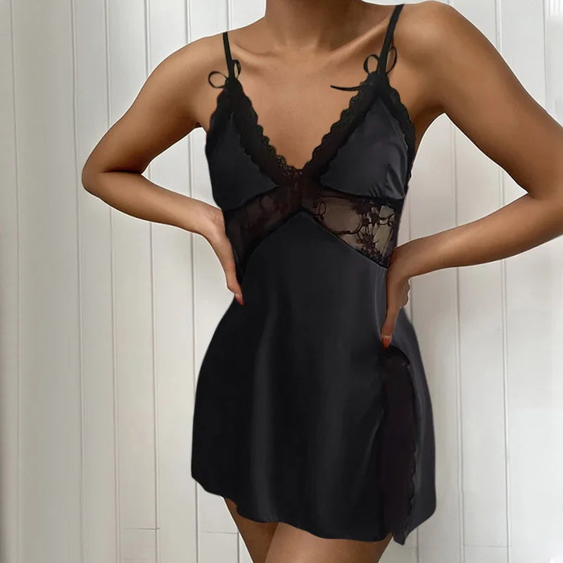 Fancy Lingerie Women's Sexy Backless Lace Low Neck Nightgown Dresses Pure Colour Women's Homewear Dresses Evening Gowns Dresses