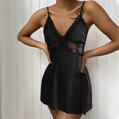 Fancy Lingerie Women's Sexy Backless Lace Low Neck Nightgown Dresses Pure Colour Women's Homewear Dresses Evening Gowns Dresses