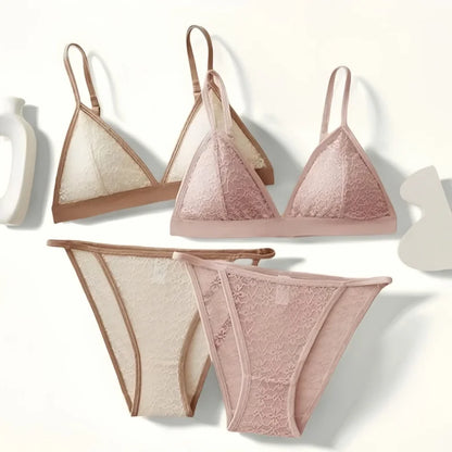 Women Lace Bra And Panties Set Non-wire Push Up Bralette Transparent Low Rise Panties Sexy Lingerie Set Female Lace Underwear