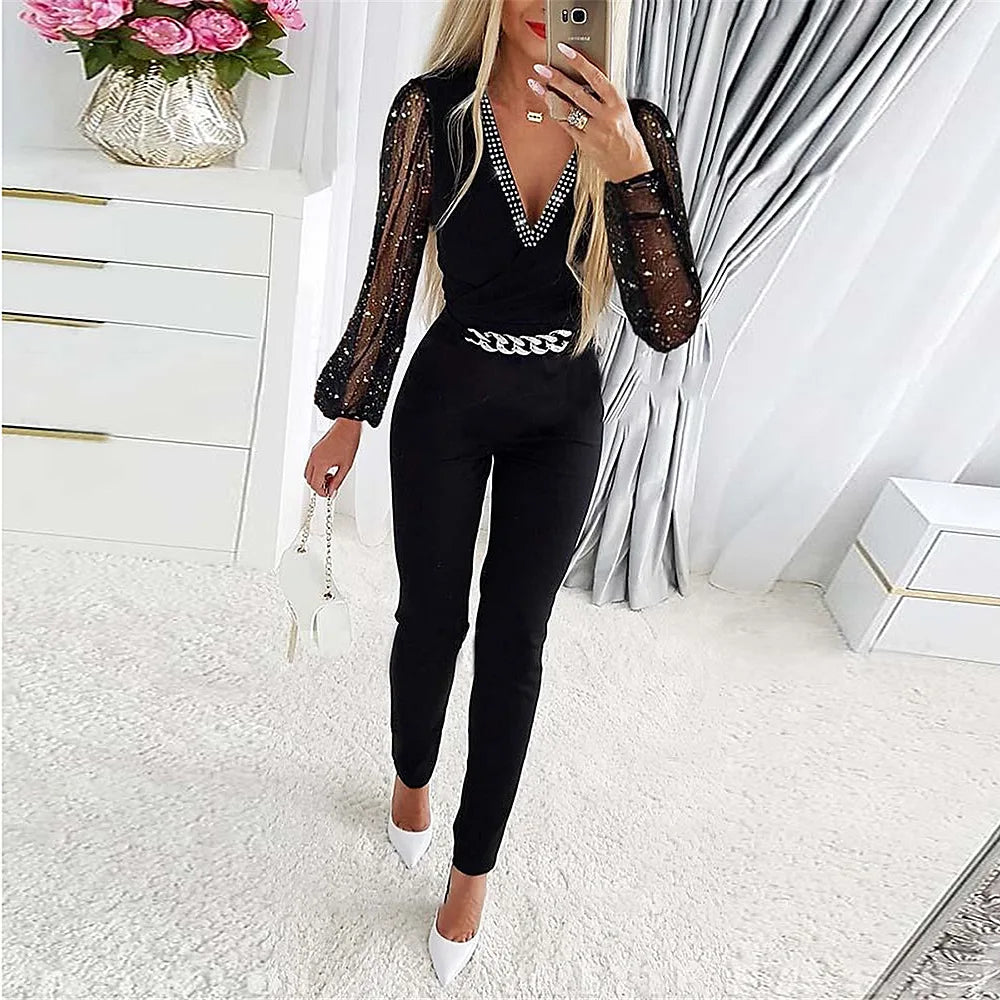 Jumpsuits Women One Piece V Neck Full Sleeve Tight High Waist Overalls Casual Sheath Long Pencil Pants Rompers Slim Fit Y2k