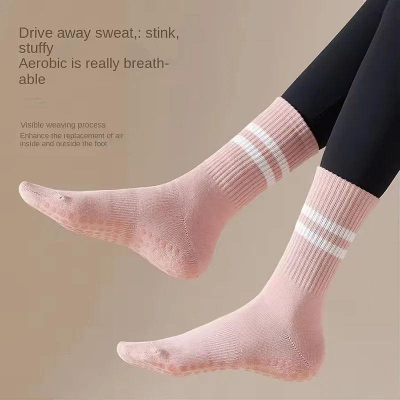 4 Pairs of Mid Tube Double Bar Striped Yoga Socks Anti Slip Dance Sports Breathable Socks Fitness Pilates Cotton Socks