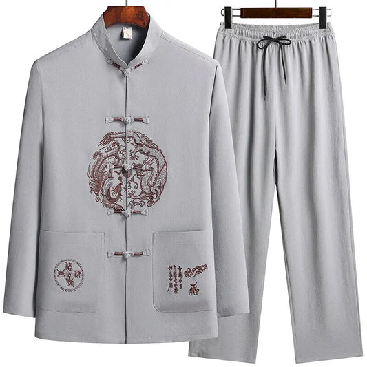 Male printing Chinese style long sleeves shirts trouser 100% Cotton Silk fabric Sportswear Men's Casual Sets Shirts + Pants