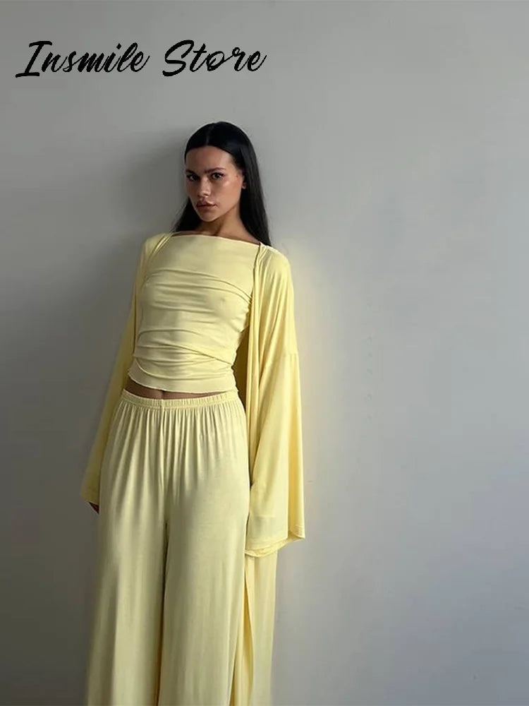 Casual Solid Women 3 Pieces Suits V-neck Long Coats O-neck Slim Top Wide Leg Trousers 2025 Spring Summer New Fashion Female Sets