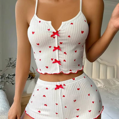Sexy Sleepwear Women Pajamas Set Heart Print Silk Stain V-Neck Sleeveless Casual Cami Top and Shorts Sets Home Suit Loungewear