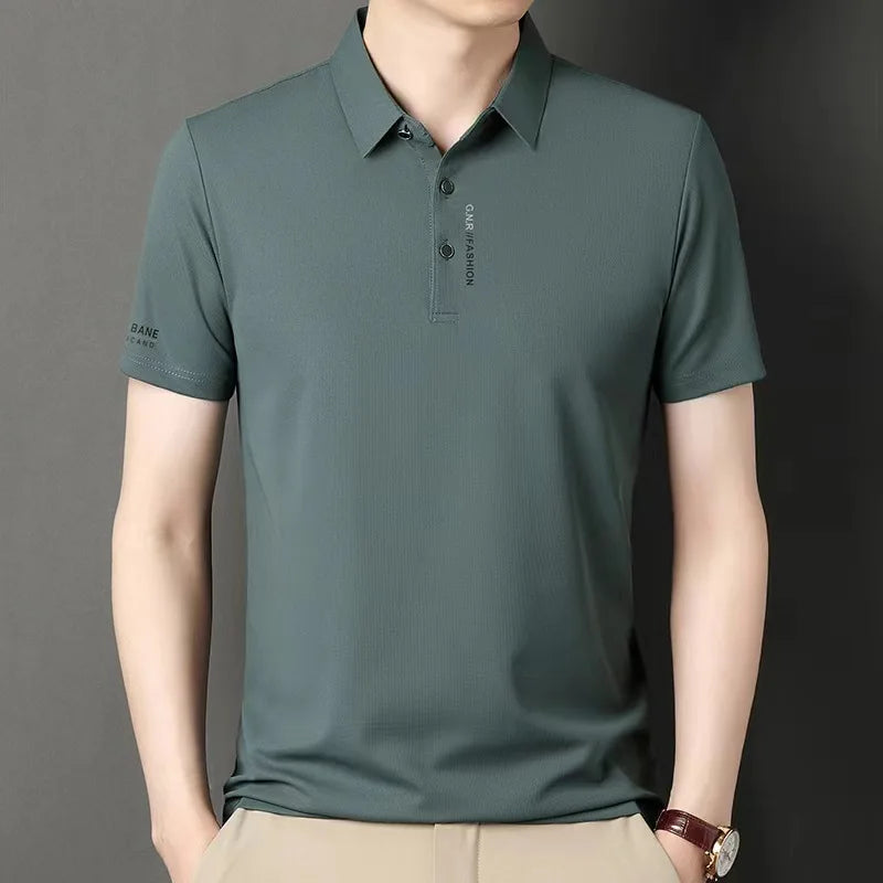 2025 Men's Short Sleeve Solid Color Polo Shirt Breathable Comfortable Elastic Top New Arrivals Casual Business Style