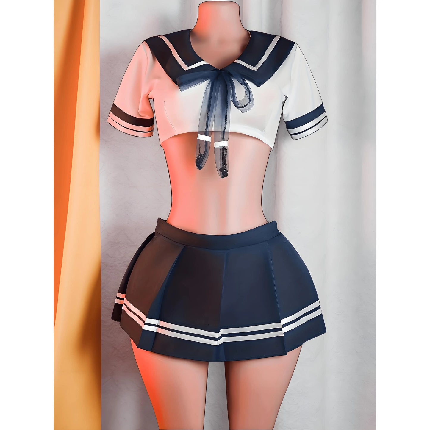 3pcs Sexy Sailor Outfit Women Lingerie Set Japanese Schoolgirl Cosplay Sleepwear Pleated Mini Skirt  Crop Top Pajamas