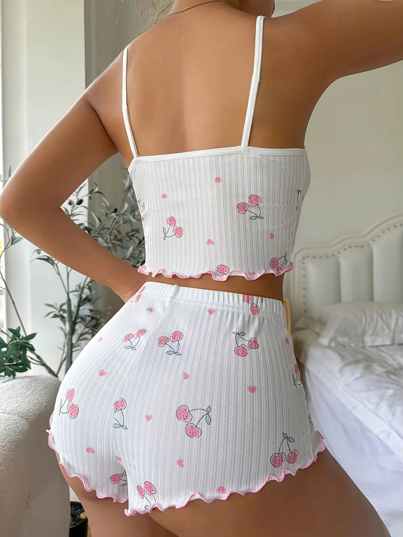 Sleepwear Women's Summer Pajama Set Heart Print Sexy Ribbed Bow Decor Round Neck Backless Crop Cami Top & Shorts Nightwear New