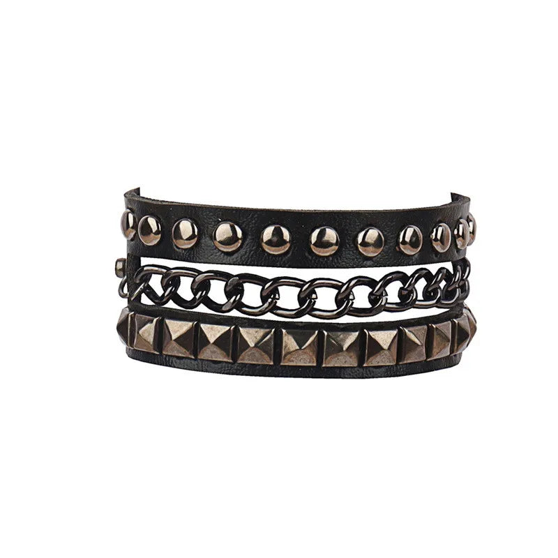 90s Fashion Punk Style Bracelet Personality PU Leather Three Rows Spikes Square Stud Bracelets Bangle 2024