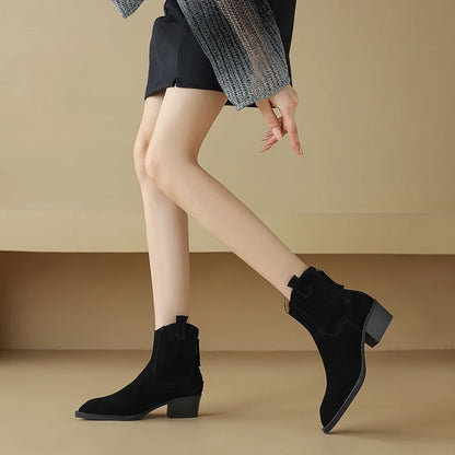 Cow Suede Women Western Boots Black Brown Khaki Mid Block Heels Back Zipper Pointed Toe Retro Ladies Autumn Winter Ankle Boots