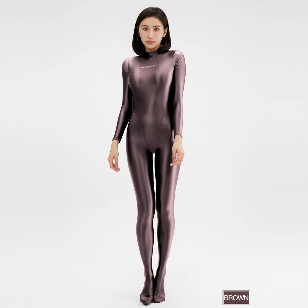 2023 AMORESY Women's Catsuit Playsuits Wetlook Shiny Glossy Tights Zipper Leotards Fullbody Overall Zentai Jumpsuits