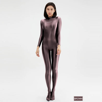 2023 AMORESY Women's Catsuit Playsuits Wetlook Shiny Glossy Tights Zipper Leotards Fullbody Overall Zentai Jumpsuits