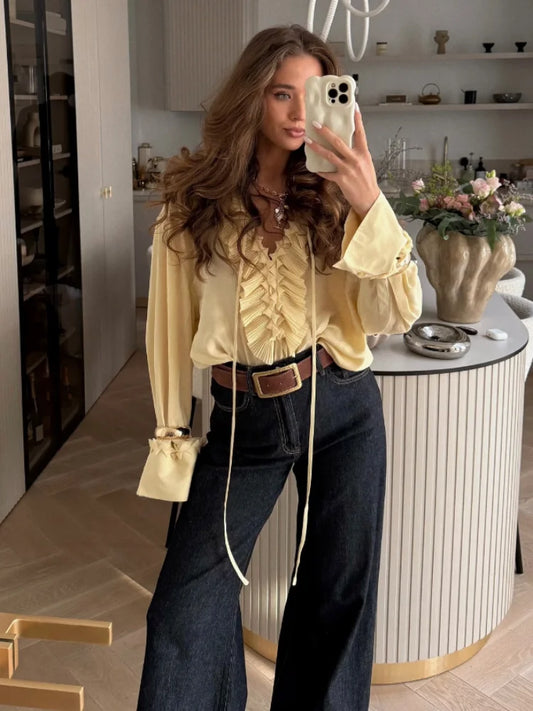 Women Solid Chiffon Ruffle Yellow Blouse Sheer V-neck Lace Up Full Flared Sleeve Shirts 2025 Summer Lady Fashion Loose Top New