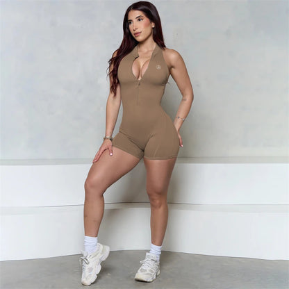 Allure The Brand Sleeveless ZIPPER Scrunch Butt Romper Women Sporty Jumpsuit Lycra Short Fitness Gym Overalls Workout Clothes