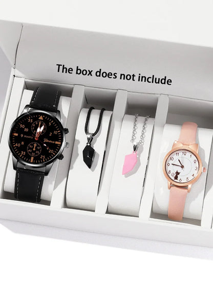 4pcs Fashion Versatile Creative Personalized Men and Women Couple Watch Quartz Watch with Love Pendant Necklace Combination Set
