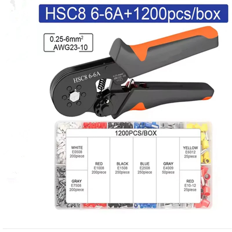 Hexagonal Self-Adjustable Ratchet Ferrule Crimping Tool Kit 23-10AWG 0.25-6mm2 Crimper Kit with 400-2000pcs Wire Terminals