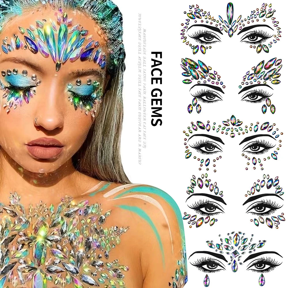 1Sheet 3D Rhinestone Face Tattoo Stickers Coloful Glitter Gems Sliders Festival/Makeup Waterproof With Diamond Tattoos Decals *&