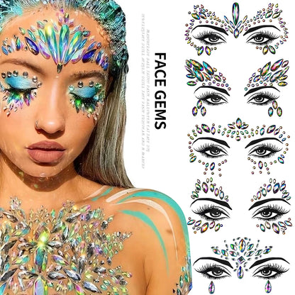 1Sheet 3D Rhinestone Face Tattoo Stickers Coloful Glitter Gems Sliders Festival/Makeup Waterproof With Diamond Tattoos Decals *&