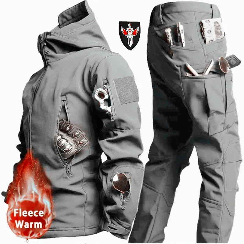Tactical Winter Set Men's Outdoor Windproof Waterproof Suit Multi-Pocket Soft Shell Hooded Jackets Sharkskin Work Pants