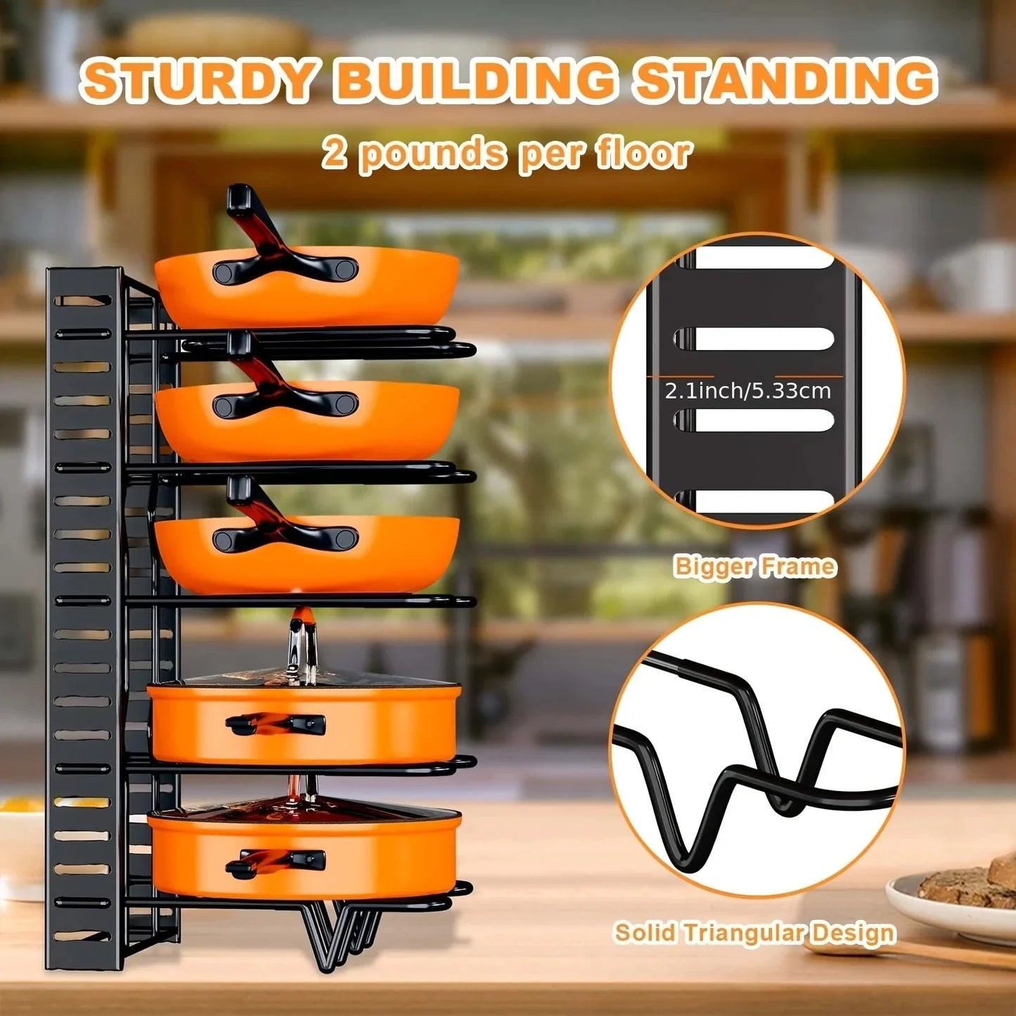 Space-Saving 8-Tier Pot Rack Organizer - Durable Metal Holder for Pans, Pots, and Lids to Keep Your Kitchen Neat and Tidy