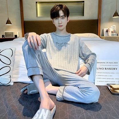 Spring Autumn Plus 4XL Knitted Men's Sleepwear Letter Lattice Pajamas Plaid Pajamas Sets Casual Loungewear Pyjamas Night Fashion