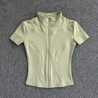 Summer High Quality Waist Slimming Training Tops Women's Quick-drying Tight Stand Collar Full Zipper Short Sleeves Yoga shirts