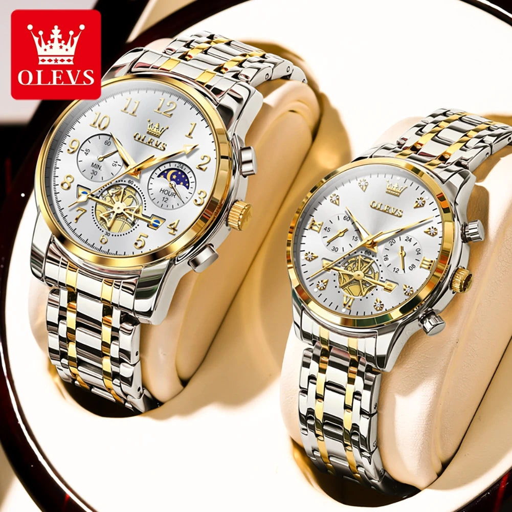 OLEVS New Flywheel Design Luxury Couple Watch Waterproof Moon Phase Chronograph Brand Original Quartz Wrist Watch for Men Women