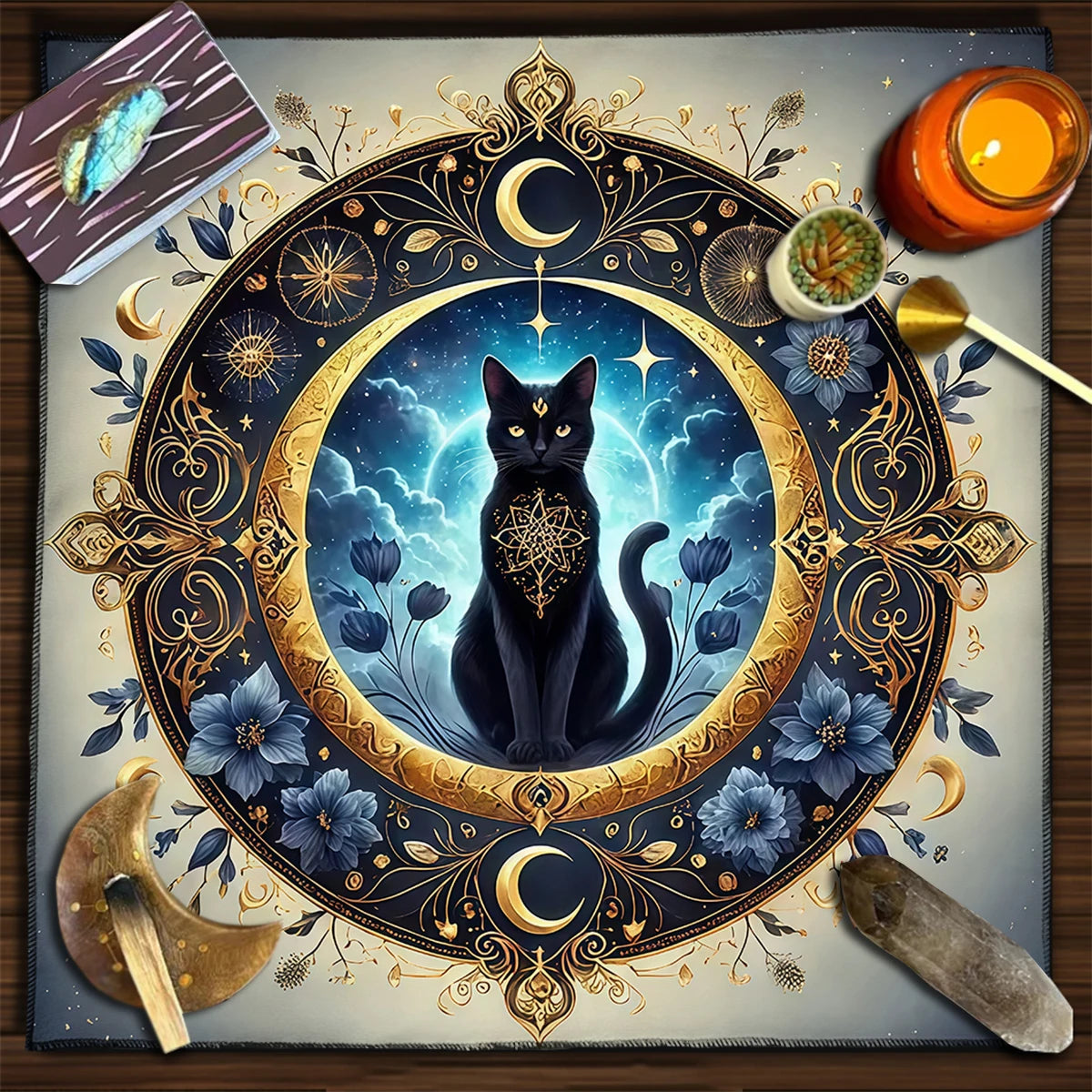 Colorful Mandala Black Cat Altar Cloth Tarot Tablecloth Witchcraft Cat & Moon Starry Sky Divination Cloth Tarot Mat Home Decor