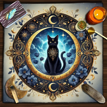 Colorful Mandala Black Cat Altar Cloth Tarot Tablecloth Witchcraft Cat & Moon Starry Sky Divination Cloth Tarot Mat Home Decor