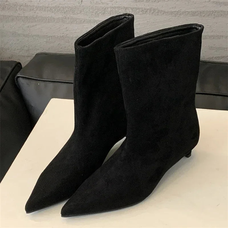 Aneikeh Autumn Fashion High Quality Pointed Toe Vintage Ankle Boots Sexy Thin Low Heel Women Warm Knight Slip On Party Shoes