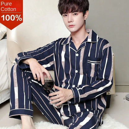 Cotton Men's Fall and Winter Long-Sleeved Long Pants Middle-Aged Thin Section of Pajamas Sleepwear Homewear Suit Loungewear
